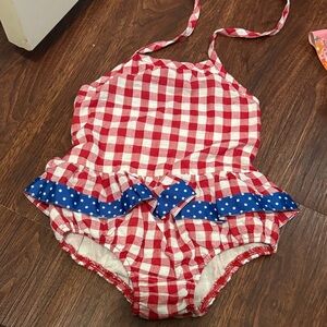 Red & White Gingham One-Piece w/ Blue Polka Dot Ruffle - Size 3T (runs small)